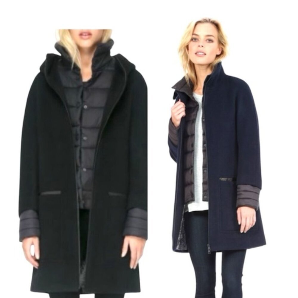 SOIA & KYO Rosalia Wool Coat Puffer Bib Layer Jacket Zip Pocket Minimal Preppy